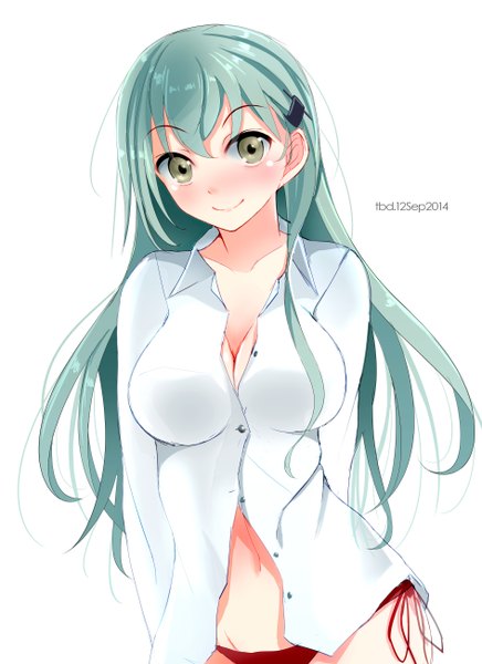 Anime picture 1892x2600 with kantai collection suzuya heavy cruiser tebi (tbd11) single long hair tall image looking at viewer blush highres breasts light erotic simple background smile large breasts white background green eyes signed cleavage aqua hair dated