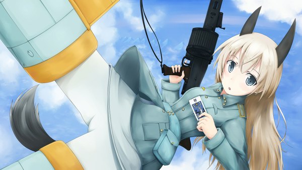 Anime picture 1920x1080 with strike witches eila ilmatar juutilainen kumomiya (artist) single long hair highres blue eyes blonde hair wide image animal ears animal tail girl weapon gun