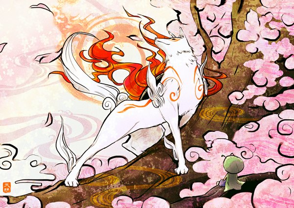Anime picture 1132x800 with okami amaterasu (okami) issun anoringo tattoo plant (plants) animal petals tree (trees) fire wolf