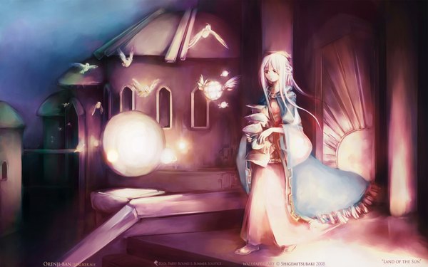 Anime picture 1920x1200 with single long hair highres wide image white hair black eyes inscription walking girl dress animal bird (birds) building (buildings) house