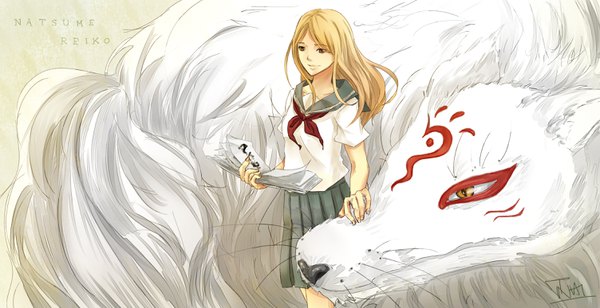 Anime picture 3006x1547 with natsume yuujinchou brains base (studio) madara (nyanko-sensei) natsume reiko nhibii long hair highres blonde hair smile wide image holding brown eyes signed looking away pleated skirt character names facial mark hand on another's face girl skirt