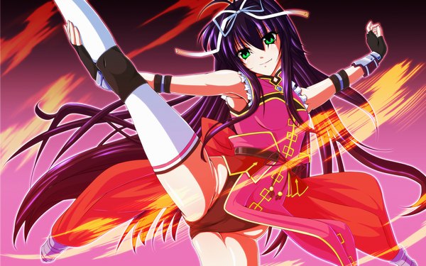 Anime picture 2560x1600 with mahou shoujo lyrical nanoha rio wezley tappa (esperanza) single long hair looking at viewer highres light erotic green eyes purple hair girl thighhighs gloves ribbon (ribbons) hair ribbon white thighhighs fingerless gloves