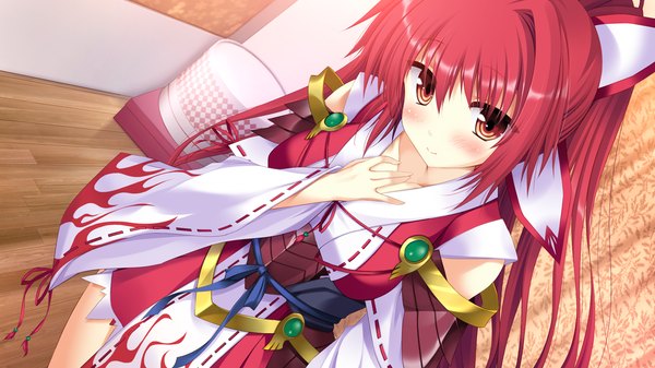 Anime picture 1280x720 with koiken otome yasukuni akane single long hair looking at viewer blush red eyes wide image game cg ponytail red hair girl dress detached sleeves