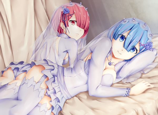 Anime picture 1150x838 with re:zero kara hajimeru isekai seikatsu white fox rem (re:zero) ram (re:zero) rixch looking at viewer fringe short hair breasts blue eyes light erotic smile hair between eyes red eyes large breasts multiple girls blue hair ass red hair lying