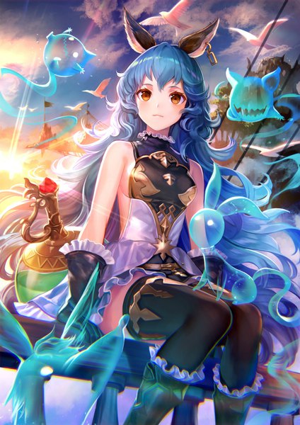 Anime picture 724x1024 with granblue fantasy ferri (granblue fantasy) siro single tall image sitting bare shoulders animal ears blue hair looking away sky cloud (clouds) very long hair arm support orange eyes depth of field lens flare evening sunset wavy hair