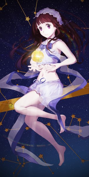 Anime picture 1000x1978 with hyouka kyoto animation chitanda eru jq single long hair tall image looking at viewer brown hair purple eyes barefoot bare belly space weightlessness constellation girl navel star (symbol) nightie knickers
