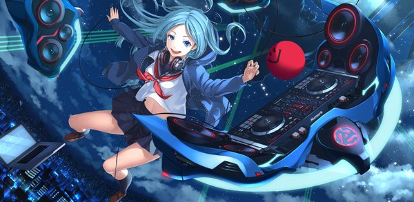 Anime picture 1500x734 with original hyp single long hair looking at viewer open mouth blue eyes smile wide image cloud (clouds) pleated skirt aqua hair night night sky city cityscape jumping dj girl skirt