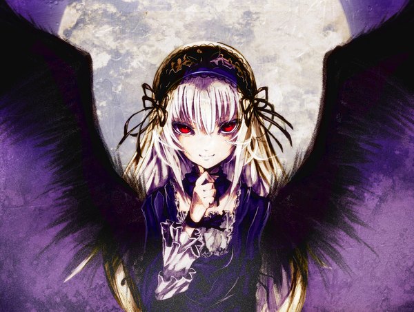 Anime picture 1100x832 with rozen maiden suigintou macauto999 single long hair looking at viewer smile silver hair lolita fashion goth-loli doll joints girl ribbon (ribbons) wings frills headdress moon full moon