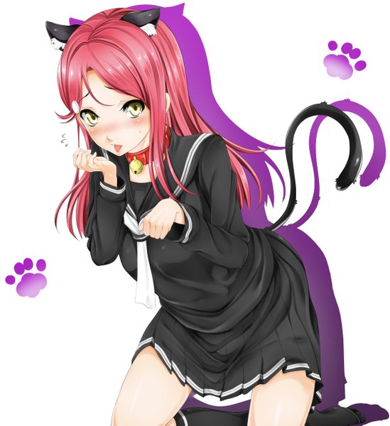 Anime picture 4474x4889 with love live! sunshine!! sunrise (studio) love live! sakurauchi riko imo (evekelu-111) single long hair tall image looking at viewer blush highres simple background animal ears yellow eyes pink hair absurdres tail animal tail pleated skirt cat ears