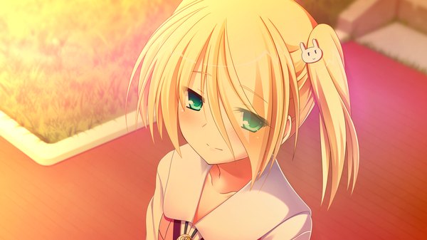 Anime picture 2560x1440 with love la bride yuki nao mutou kurihito blush highres short hair blonde hair wide image twintails green eyes game cg short twintails girl