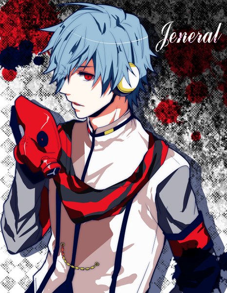 Anime picture 1050x1350 with vocaloid unhappy refrain (vocaloid) kaito (vocaloid) sachanpict (satsu-chan) single tall image short hair open mouth red eyes holding blue hair inscription general (module) boy headphones scarf mask gas mask