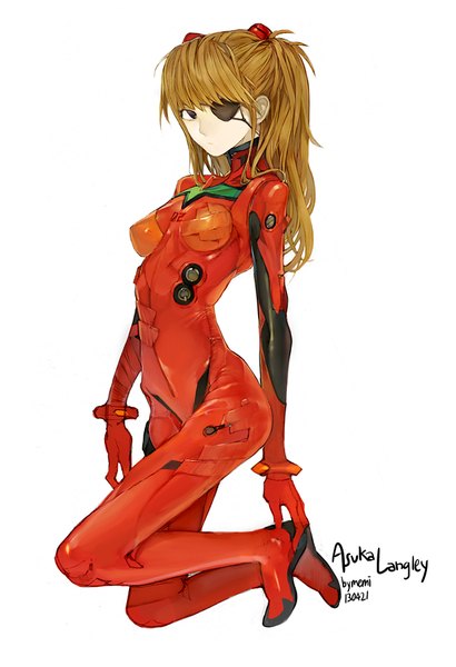 Anime picture 615x898 with neon genesis evangelion gainax soryu asuka langley memipong single long hair tall image fringe simple background brown hair white background signed looking away full body bent knee (knees) black eyes two side up character names dated girl