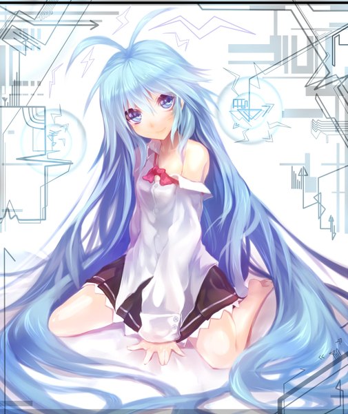 Anime picture 1263x1500 with denpa onna to seishun otoko shaft (studio) touwa erio mamuru single tall image blue eyes smile blue hair very long hair barefoot girl serafuku