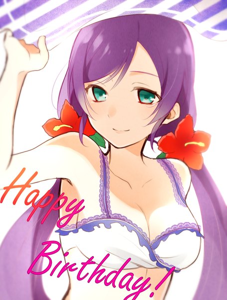 Anime picture 631x832 with love live! school idol project sunrise (studio) love live! toujou nozomi chisumi single long hair tall image looking at viewer smile white background twintails purple hair hair flower aqua eyes low twintails happy birthday girl hair ornament flower (flowers)