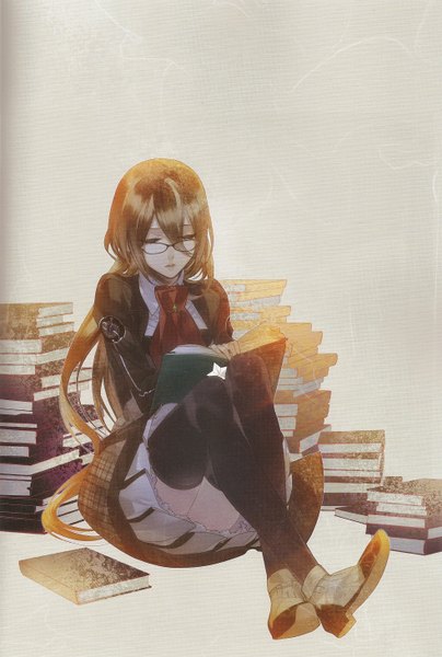 Anime picture 1968x2924 with starry sky tsukiko yahisa kazuaki single long hair tall image highres simple background brown hair sitting brown eyes reading girl thighhighs uniform black thighhighs school uniform glasses book (books)