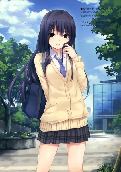 Anime picture 2108x3000 with original coffee-kizoku single long hair tall image looking at viewer highres black hair smile black eyes scan girl skirt uniform plant (plants) school uniform tree (trees) necktie sweater school bag