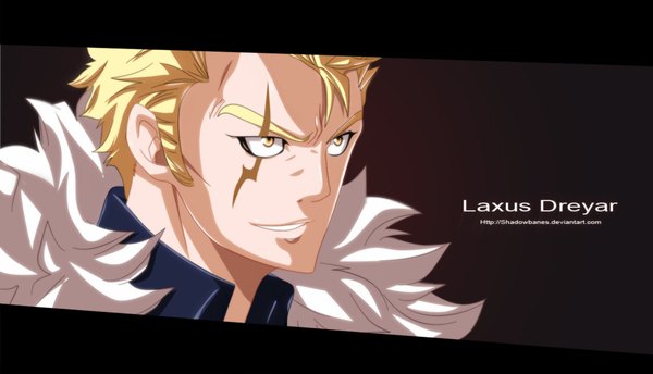 Anime picture 1150x660 with fairy tail laxus dreyar ryuji-16 single short hair blonde hair smile wide image yellow eyes inscription coloring portrait dark background scar close-up boy fur