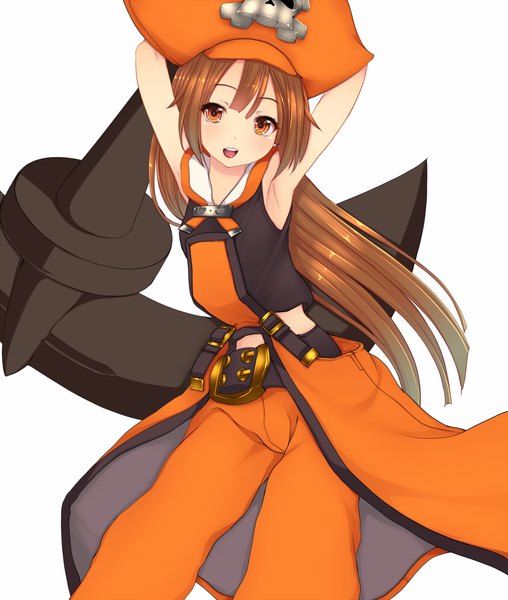 Anime picture 1016x1200 with guilty gear may (guilty gear) kiyomin single long hair tall image blush fringe open mouth simple background smile brown hair white background armpit (armpits) orange eyes skull and crossbones girl weapon headdress clothes