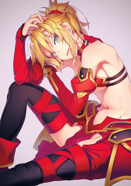 Anime picture 900x1273 with fate (series) fate/grand order mordred (fate) nilitsu single long hair tall image fringe breasts open mouth light erotic blonde hair hair between eyes sitting green eyes yellow eyes bent knee (knees) ponytail bare belly leaning