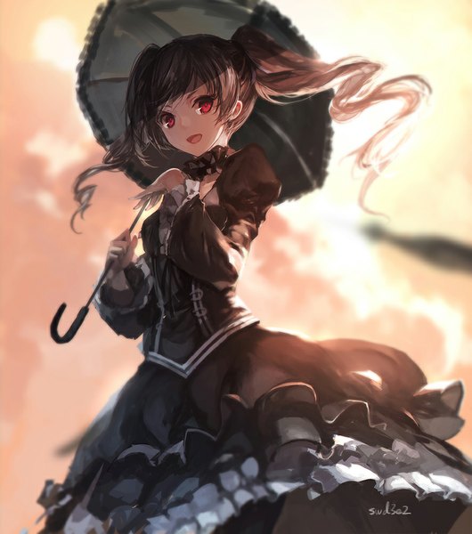 Anime picture 886x1004 with idolmaster idolmaster cinderella girls kanzaki ranko swd3e2 single long hair tall image looking at viewer black hair red eyes twintails signed depth of field drill hair lolita fashion goth-loli girl dress choker frills
