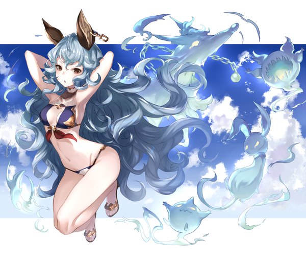 Anime picture 1200x1035 with granblue fantasy ferri (granblue fantasy) yuu (higashi no penguin) single long hair looking at viewer fringe breasts light erotic brown eyes animal ears blue hair sky cloud (clouds) full body armpit (armpits) piercing groin ear piercing arms behind head