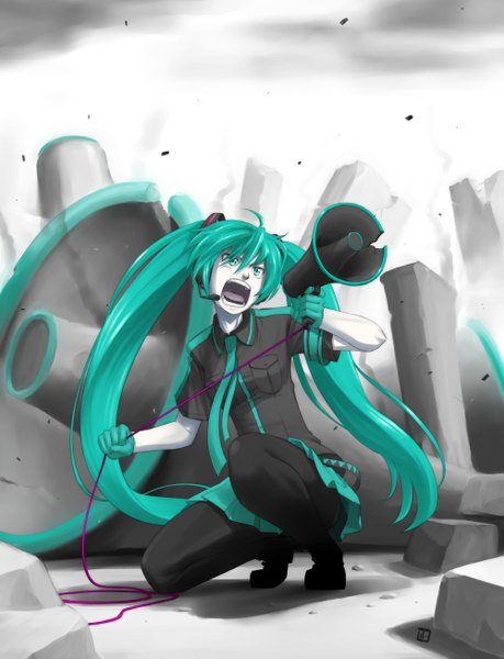 Anime picture 2000x2611 with vocaloid koi wa sensou (vocaloid) hatsune miku nagian single long hair tall image highres open mouth twintails signed pleated skirt aqua eyes aqua hair grey background squat pale skin screaming girl gloves