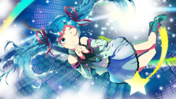 Anime picture 1920x1080 with vocaloid hatsune miku sinzan single long hair highres wide image twintails one eye closed aqua eyes wink aqua hair girl dress ribbon (ribbons) hair ribbon detached sleeves boots star (symbol)