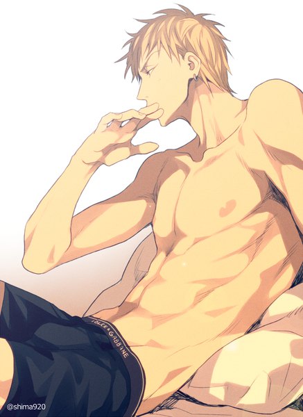 Anime picture 600x823 with kuroko no basket production i.g kise ryouta mashima shima single tall image short hair light erotic blonde hair simple background white background signed yellow eyes looking away profile piercing groin ear piercing topless hand to mouth