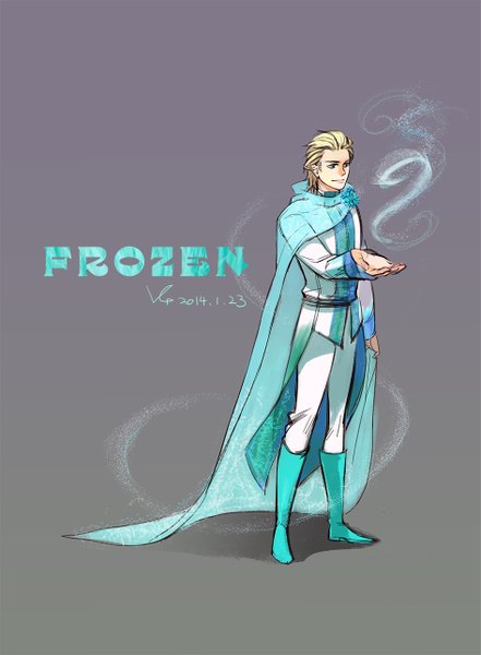 Anime picture 945x1285 with frozen (disney) disney elsa (frozen) tagme (artist) single tall image short hair simple background blonde hair standing green eyes light smile grey background magic genderswap 2014 boy cloak knee boots