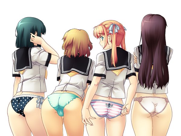 Anime picture 1600x1200 with original nagayori long hair short hair blue eyes light erotic black hair blonde hair brown hair standing white background twintails multiple girls ass looking back green hair from behind leaning leaning forward back