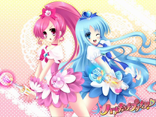 Anime picture 1024x768 with precure heartcatch precure! toei animation kurumi erika hanasaki tsubomi cure blossom shira yuri (artist) long hair blush open mouth blue eyes multiple girls blue hair pink hair ponytail one eye closed pink eyes hair flower wink back to back