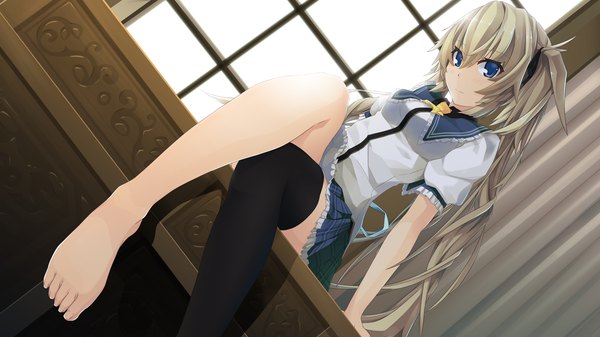 Anime picture 1280x720 with natsuiro asagao residence long hair blue eyes blonde hair wide image twintails game cg barefoot legs girl thighhighs skirt uniform black thighhighs school uniform miniskirt