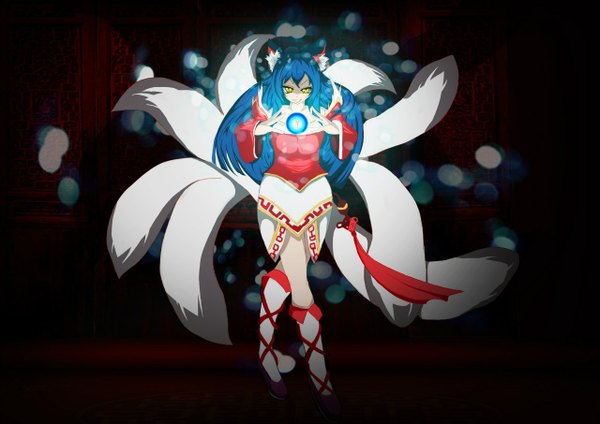 Anime picture 1280x905 with league of legends ahri (league of legends) single long hair looking at viewer smile animal ears yellow eyes blue hair magic multiple tails girl