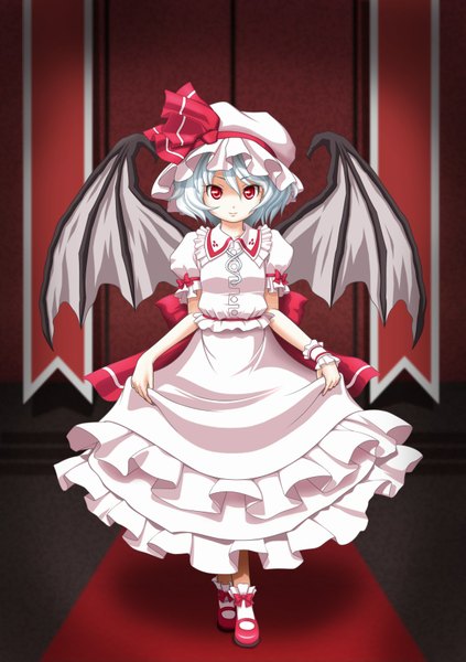 Anime picture 1200x1700 with touhou remilia scarlet t2r (artist) single tall image short hair red eyes white hair girl dress skirt wings shoes wrist cuffs bonnet skirt set lace mary janes