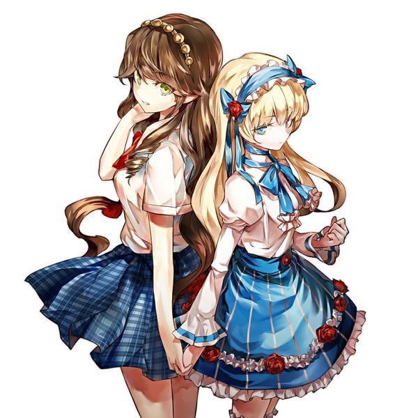 Anime picture 1000x1000 with original kozou long hair looking at viewer fringe blue eyes simple background blonde hair smile brown hair white background multiple girls green eyes pleated skirt pointy ears short sleeves puffy sleeves holding hands adjusting hair plaid skirt