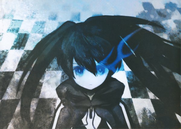 Anime picture 3008x2136 with black rock shooter black rock shooter (character) huke single long hair highres blue eyes black hair twintails scan glowing glowing eye (eyes) pale skin girl jacket