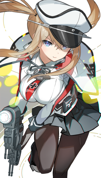 Anime picture 856x1500 with kantai collection graf zeppelin (kantai collection) saitou naoki single long hair tall image looking at viewer blush breasts blue eyes blonde hair hair between eyes large breasts white background twintails payot bent knee (knees) light smile girl uniform