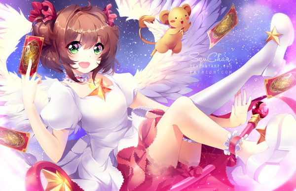 Anime picture 1250x809 with card captor sakura clamp kinomoto sakura kero (cardcaptor sakura) squchan single looking at viewer blush fringe short hair open mouth smile hair between eyes brown hair green eyes signed bent knee (knees) two side up flying angel wings