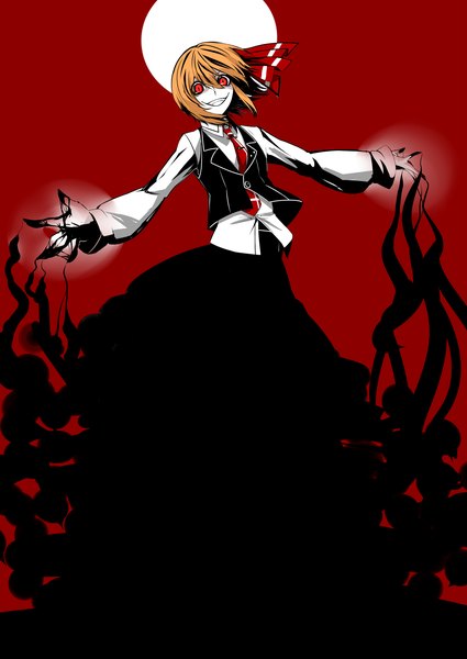 Anime picture 1500x2117 with touhou rumia shukusuri single tall image short hair simple background blonde hair smile red eyes spread arms red background girl skirt bow hair bow vest skirt set