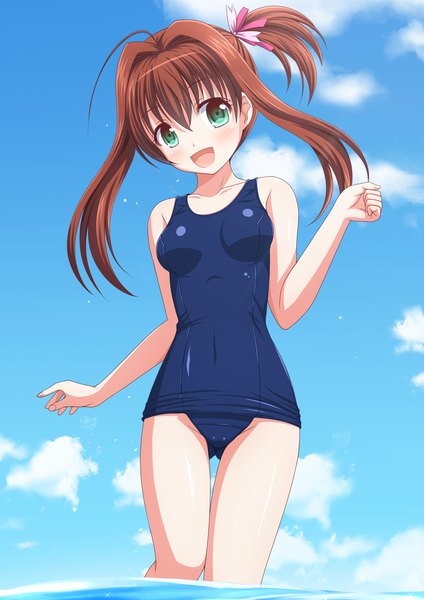 Anime picture 827x1169 with jewelpet (series) sakura akari kk-sk-ray single long hair tall image blush open mouth blue eyes light erotic brown hair twintails sky cloud (clouds) girl swimsuit one-piece swimsuit school swimsuit