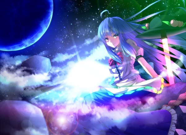 Anime picture 1500x1087 with touhou hinanawi tenshi ryosios single long hair red eyes blue hair cloud (clouds) ahoge sunlight scenic space girl hat star (stars)