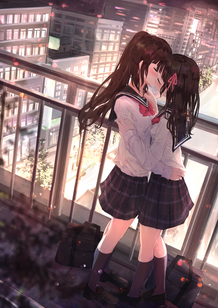 Anime picture 2894x4093 with original benevole long hair tall image blush highres brown hair multiple girls outdoors ponytail eyes closed night hug city shoujo ai kiss girl skirt uniform bow