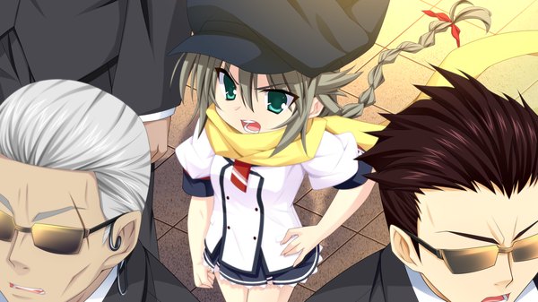Anime picture 2048x1152 with namima no kuni no faust long hair highres open mouth wide image green eyes game cg braid (braids) grey hair girl boy uniform school uniform scarf