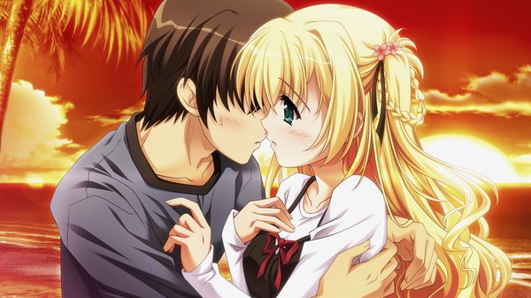 Anime picture 1024x576 with yukiiro tagme (character) long hair blush short hair black hair blonde hair wide image green eyes game cg couple evening sunset almost kiss girl boy