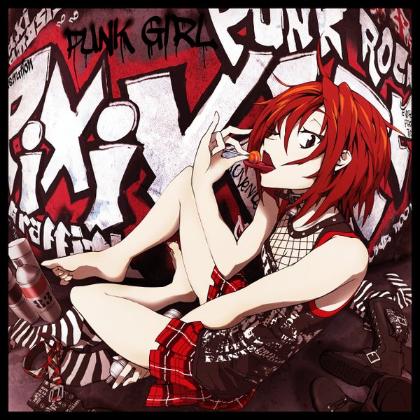 Anime picture 1250x1250 with original masariro single looking at viewer short hair open mouth sitting bare shoulders holding brown eyes red hair pleated skirt one eye closed barefoot wink bare legs no shoes plaid skirt striped graffiti