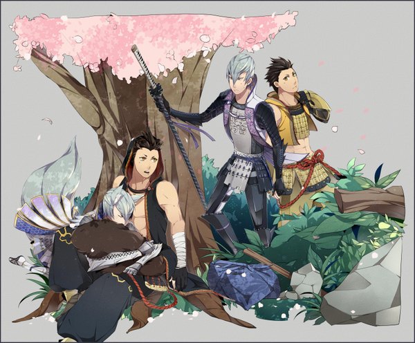 Anime picture 1500x1240 with sengoku basara production i.g mitsunari ishida tokugawa ieyasu kiragera short hair open mouth brown hair standing sitting green eyes animal ears yellow eyes silver hair eyes closed animal tail grey background multiple boys muscle shounen ai