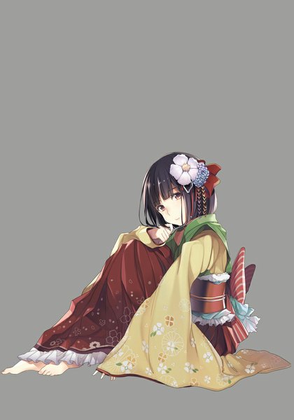 Anime picture 700x1000 with touhou hieda no akyuu hagihara asami single long hair tall image looking at viewer black hair simple background sitting brown eyes long sleeves traditional clothes japanese clothes hair flower grey background no shoes girl hair ornament flower (flowers)
