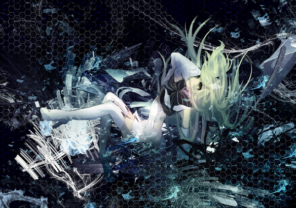 Anime picture 1000x706 with utau macne nana mirimo single long hair green eyes green hair looking up falling abstract girl dress bow detached sleeves boots white dress thigh boots