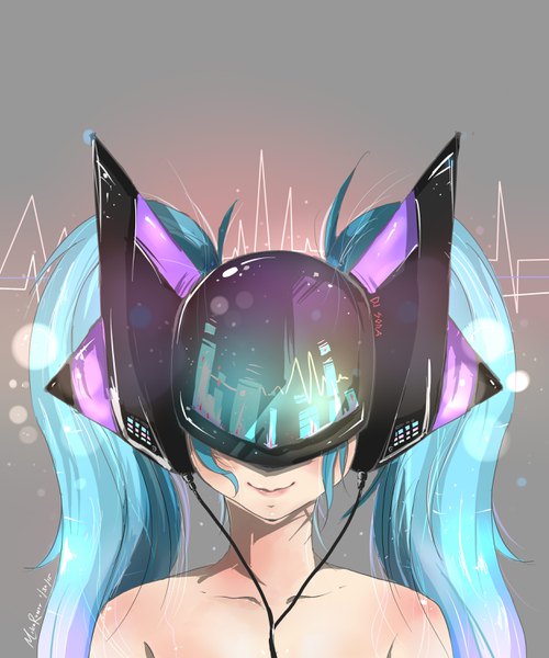 Anime picture 2497x3000 with league of legends sona buvelle mikaruwrr single long hair tall image blush highres simple background smile twintails bare shoulders signed multicolored hair aqua hair grey background character names dated portrait reflection