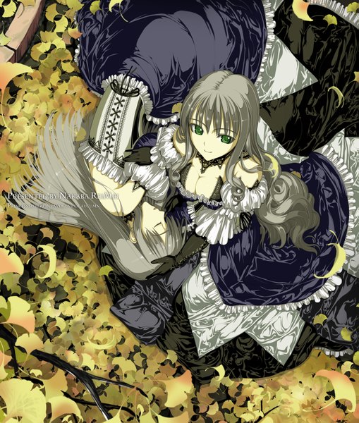 Anime picture 1287x1517 with original nakabayashi reimei long hair tall image multiple girls green eyes cleavage eyes closed grey hair sleeping girl dress gloves 2 girls leaf (leaves) corset